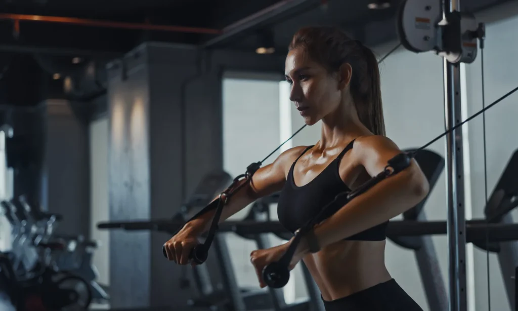 Sporty-woman-exercising-on-multistation-at-gym-for-arm-and-shoulders-muscles