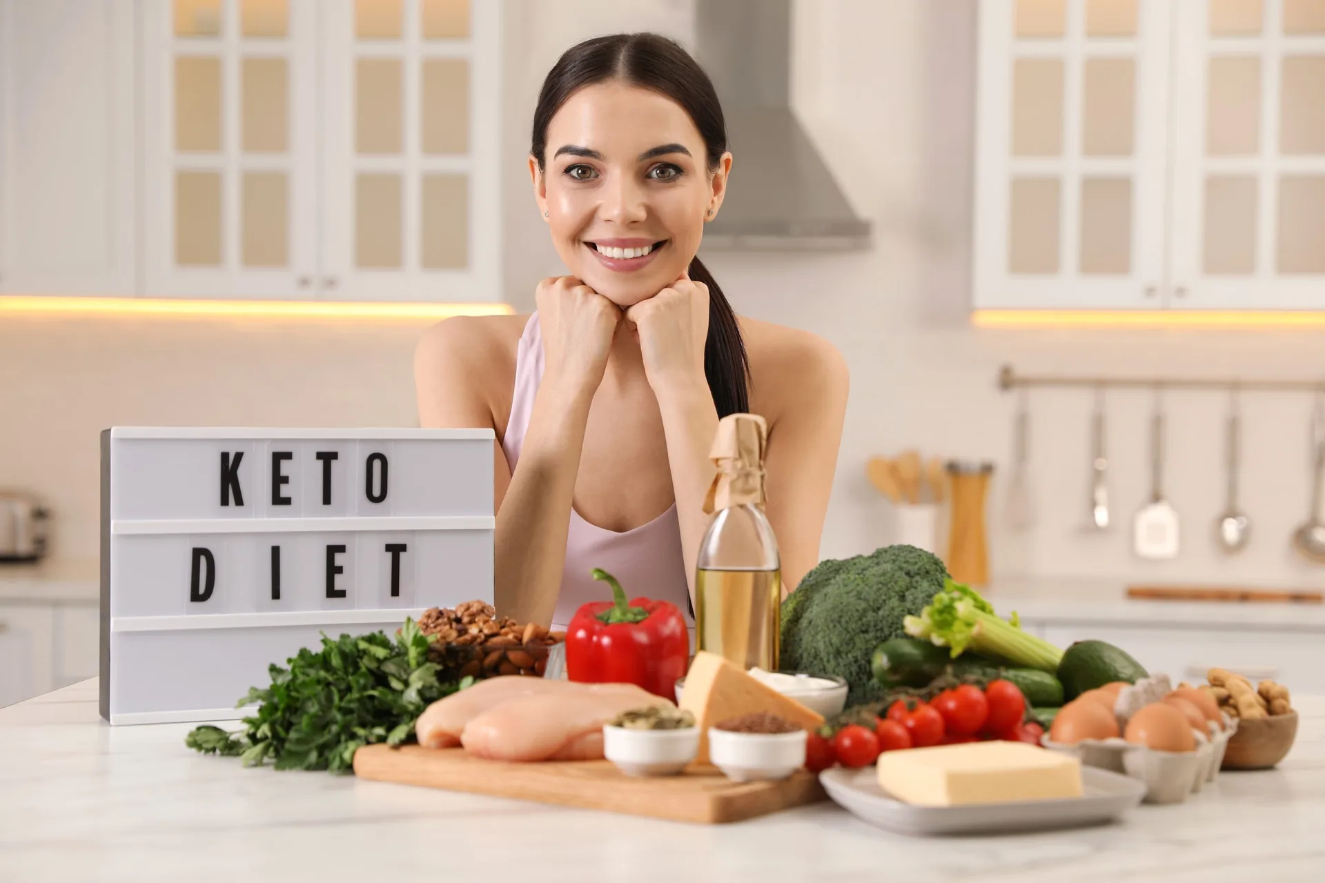 Happy,Woman,Near,Lightbox,With,Words,Keto,Diet,And,Different