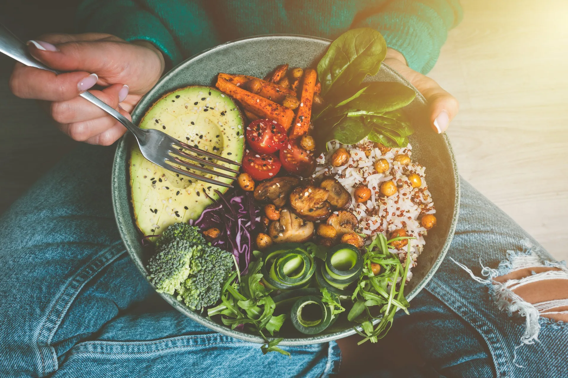 Woman,Holding,Plate,With,Vegan,Or,Vegetarian,Food.,Healthy,Diet.