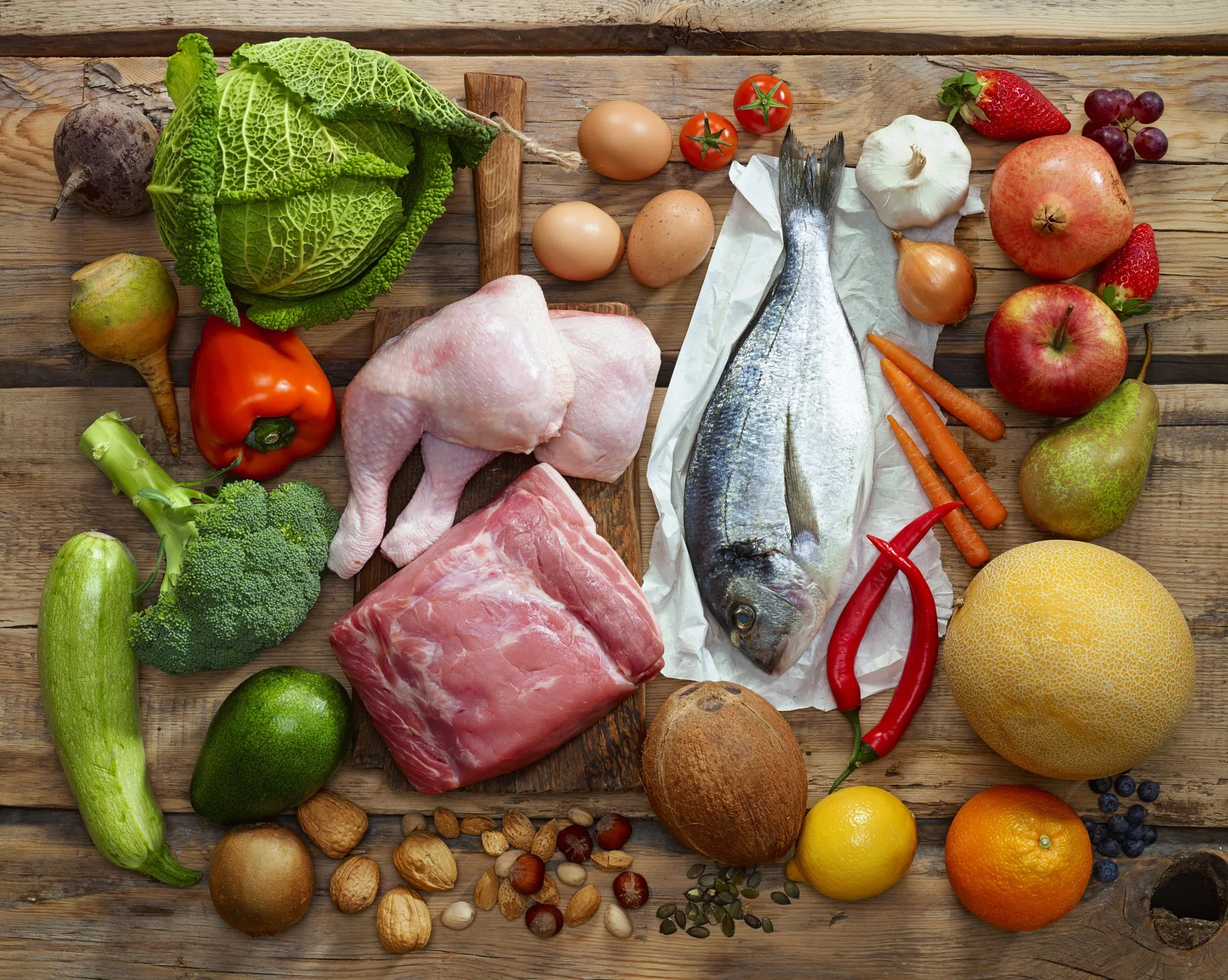 Various,Paleo,Diet,Products,On,Wooden,Table,,Top,View